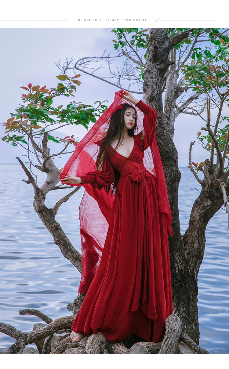 слободен брод рамија памук вино црвено V деколте, долга гроздобер средновековниот фустан Ренесансата принцеза самовила