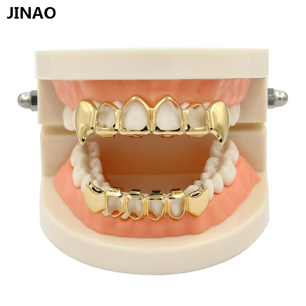 JINAO Обичај се Вклопуваат Чисто Злато Боја Галвански Вампир Заби Четири Шупливи Отворен Лице Злато Устата GRILLZ Капи