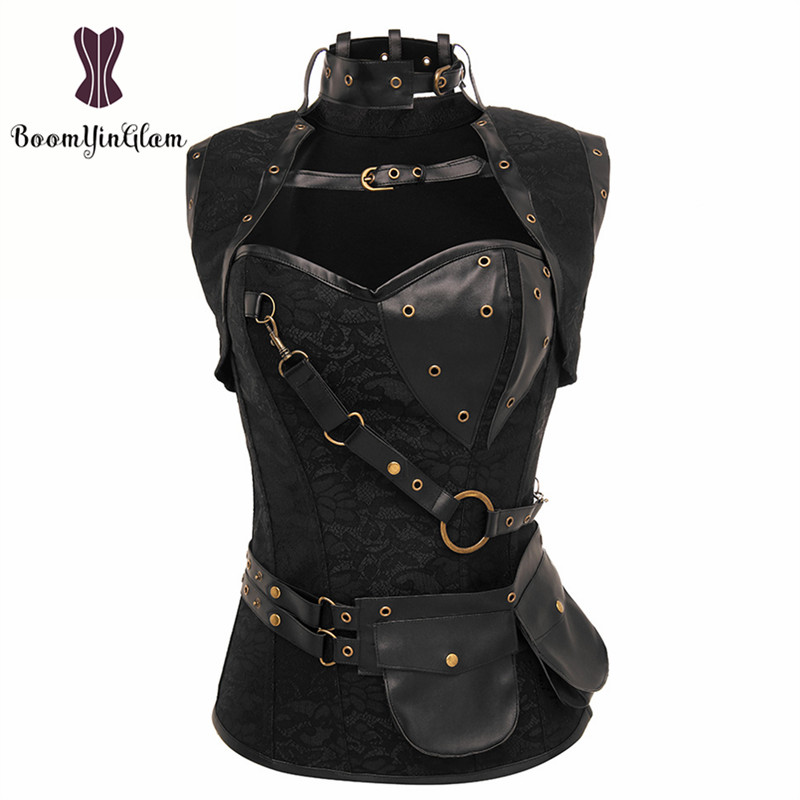 926 Бесплатен превозот заковки и патент декорирани cowgirls стил corselet челик boned црна steampunk корсет со јакна