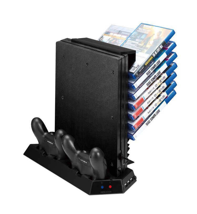 Вертикална се Залагаме за PS4 Про со Играта Складирање Вентилаторот за Ладење Двојна Контролер Полначот Станица за Sony