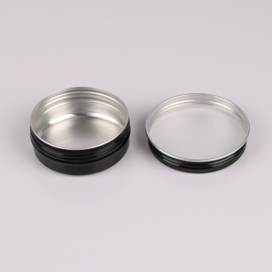 2 парчиња 60g алуминиумски круг крем шише во црна боја, comestic контејнери со завртка конец, Алуминиум LipBalm Tins
