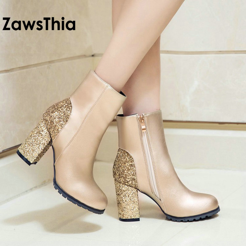 ZawsThia моден зимски златни сребрени црвено bling сјајот чизми блок високи потпетици жена глуждот чизми топло кадифен