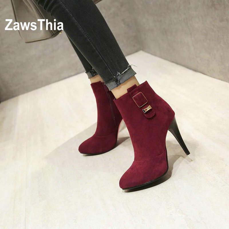 ZawsThia faux велур zip тока глуждот чизми супер тенки високи потпетици чизми секси посочи пети жените чизми зимски чевли