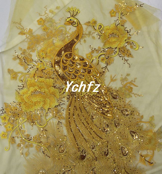 50*135CM Златна Големиот Паун Газа Tulle Sequin Везови Цвет Ткаенина Материјал Предиво Текстилни Африкански Чипка Guipure Шие Облека
