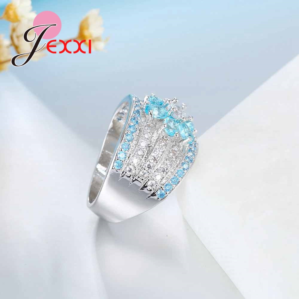 JEXXI Нежен Цвет Дизајн Небото Сини кристал 925 Сребрен Мода Накит Свадба Годишнината Прстени Големина 678910