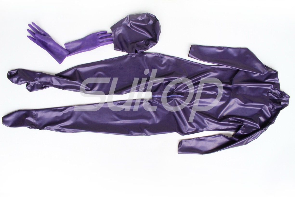 латекс целосно покривање zentai со zip назад вклучувајќи чорапи капи ракавица одвоен во Метален виолетова