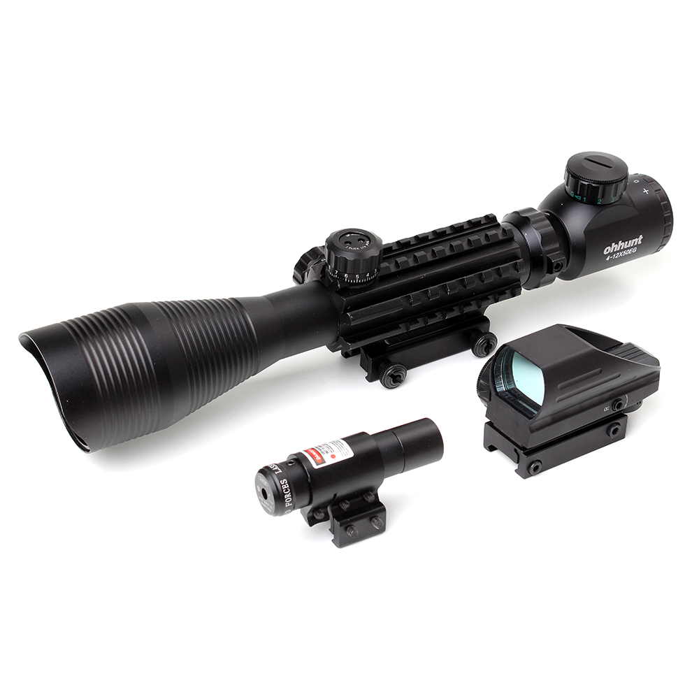 Тактички Ohhunt 4-12X50 Осветлени Rangefinder Reticle Holographic 4 Reticle Поглед 11mm и 20mm Црвени Ласерски Комбо