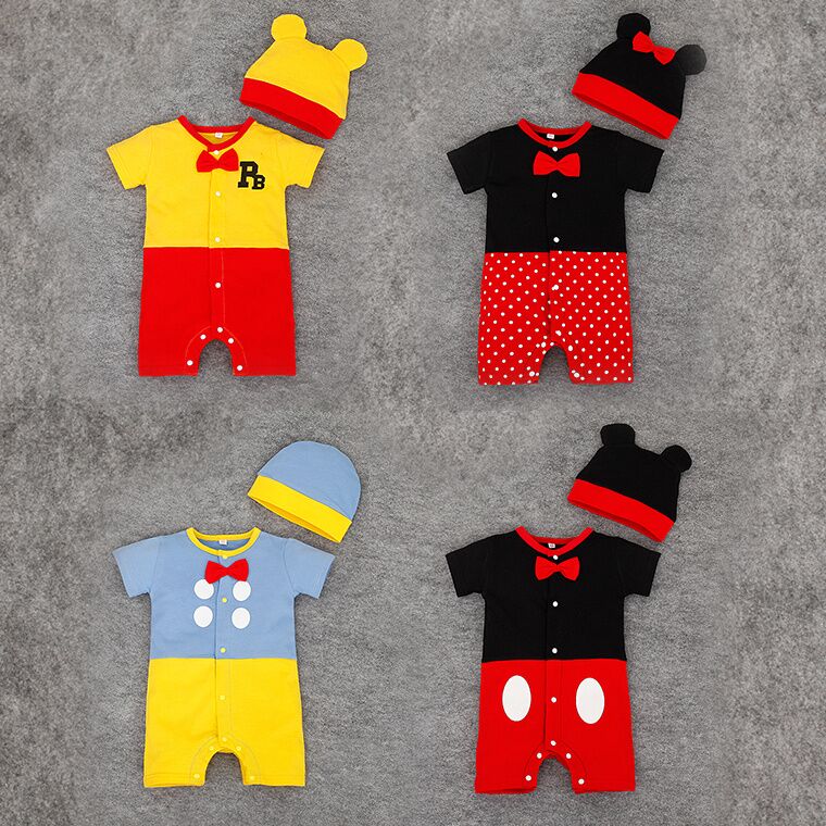 Новороденче памук rompers 2 парчиња бебе jumpsuits картон 2pc/set деца облека romper со капа 0-24M бебе костим bebe roupas