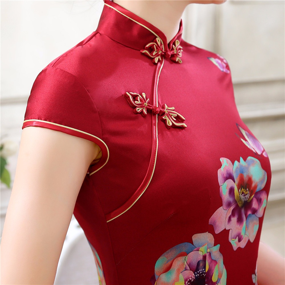 Шангај Приказна Врвот одделение cheongsam Свила кинески Фустани за Жени со Црвени Цветни cheongsam фустан Црвено Кратко