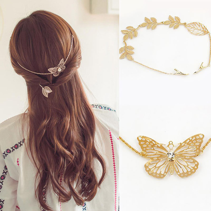 Продажба Златна Коса Синџир Шноли Headband Накит Свадба Лист Пеперутка Коса Клипови Додатоци за Невестата Жените Hairband