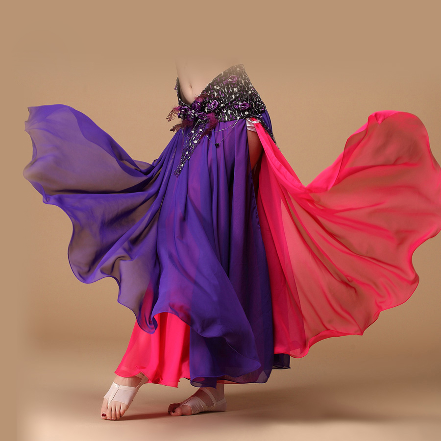 2018 Нови Перформанси Dancewear Стомак Танц Облека Долго Макси Здолништа Двојна Боја Жените Стомак Танц Здолниште Chiffon