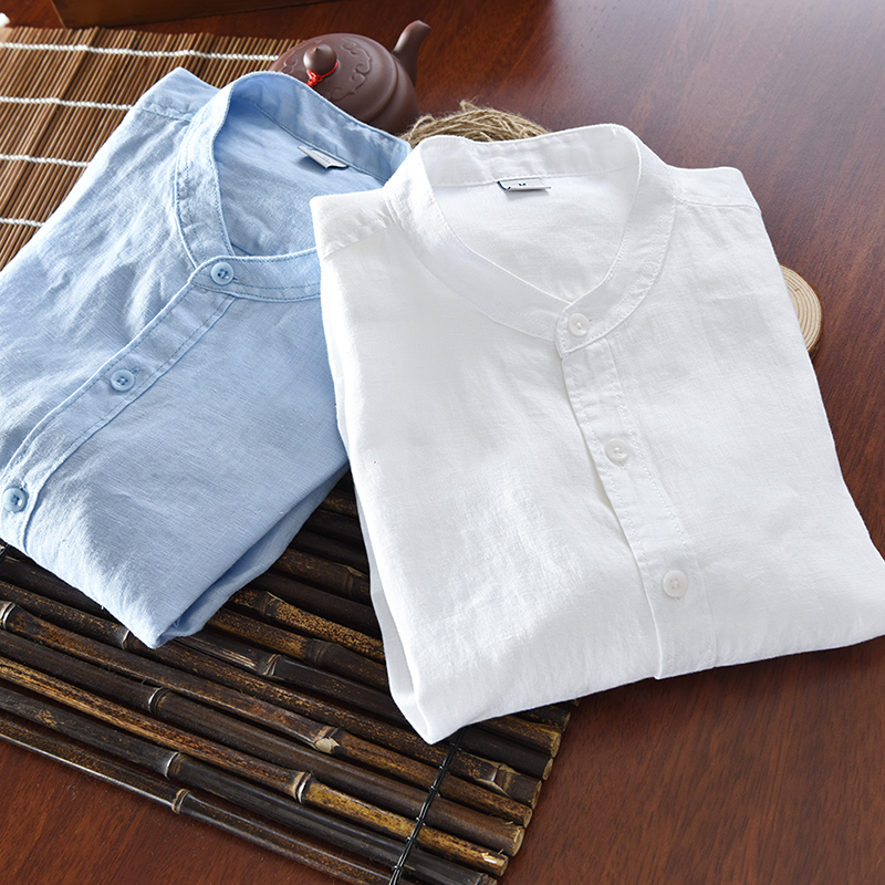 Италија бренд син лен кошула мажите пролет обичните мажи кошули долг ракав цврст кошула mens моден облека машки кошули