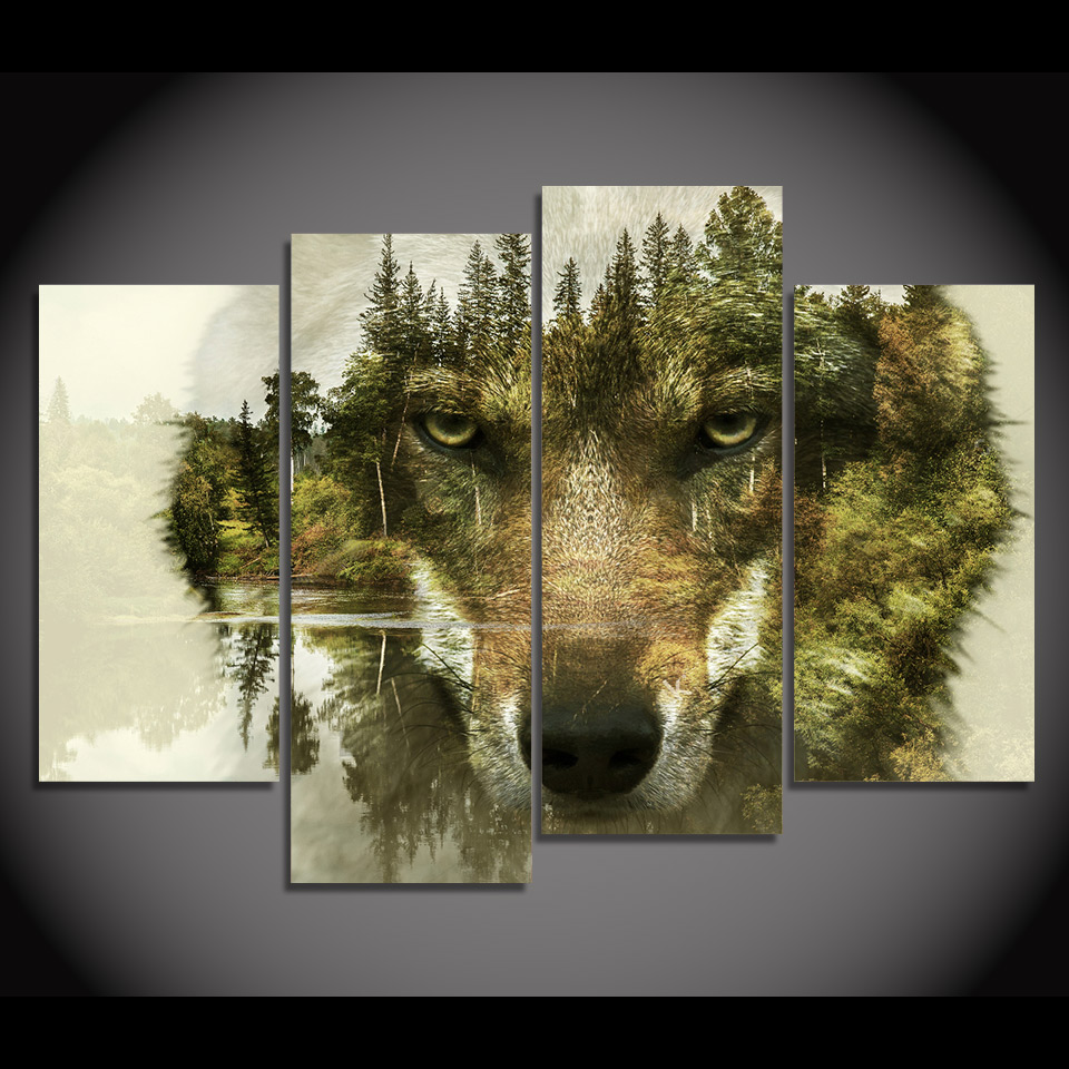 HD печатени 4 парче платно уметност Апстракт животинско волкот шумата сликарство ѕид слики за дневна соба модерна бесплатен