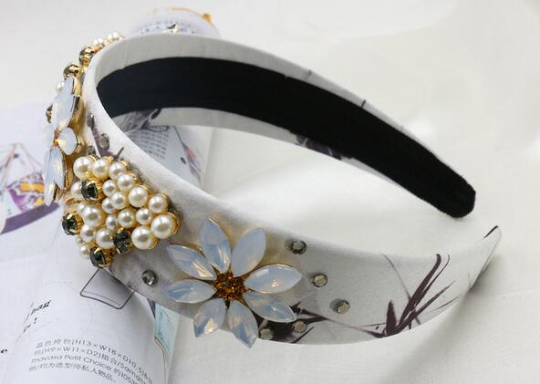 2017 Бренд дизајн на накит гроздобер barque метал кристал бисер бели сомот широк еластична headband жените коса додатоци