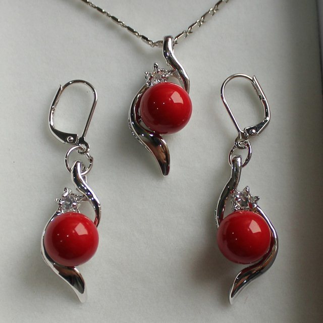 Жените Свадба нови совршен натпревар поставите 10мм црвена лушпа бисер pendant & earring вистински сребро mujer парична