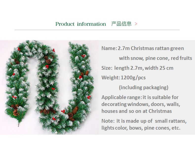 2.7 m Божиќ гарланд зелена со снег борови шишарки црвено овошје за декорација на Новогодишни украси за дома Божиќ украси