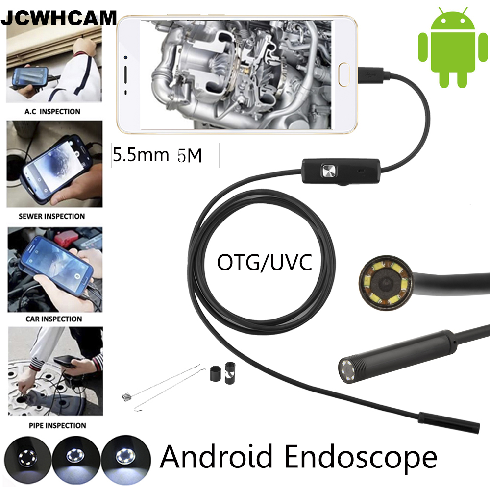 JCWHCAM 5.5 мм Лен 5M Андроид USB OTG Endoscope Камера Флексибилни Змија USB Цевка Инспекција Android Телефон USB Borescope