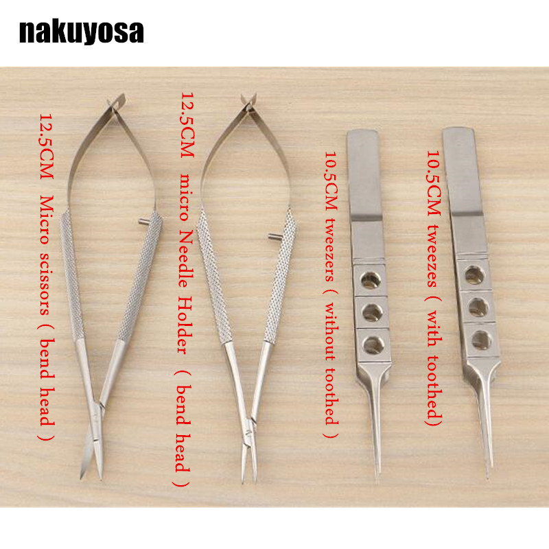 4pcs/set 12.5 cm ножици+Игла носители +пинцети нерѓосувачки челик хируршки инструменти офталмолошки инструменти микрохируршка