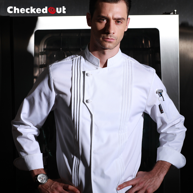 Нови пристигнување висок квалитет зима ресторан кујна перат готви униформа долги ракави бела јакна готвач